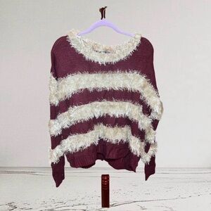 POL Women’s Burgundy and White Cropped Striped Sweater